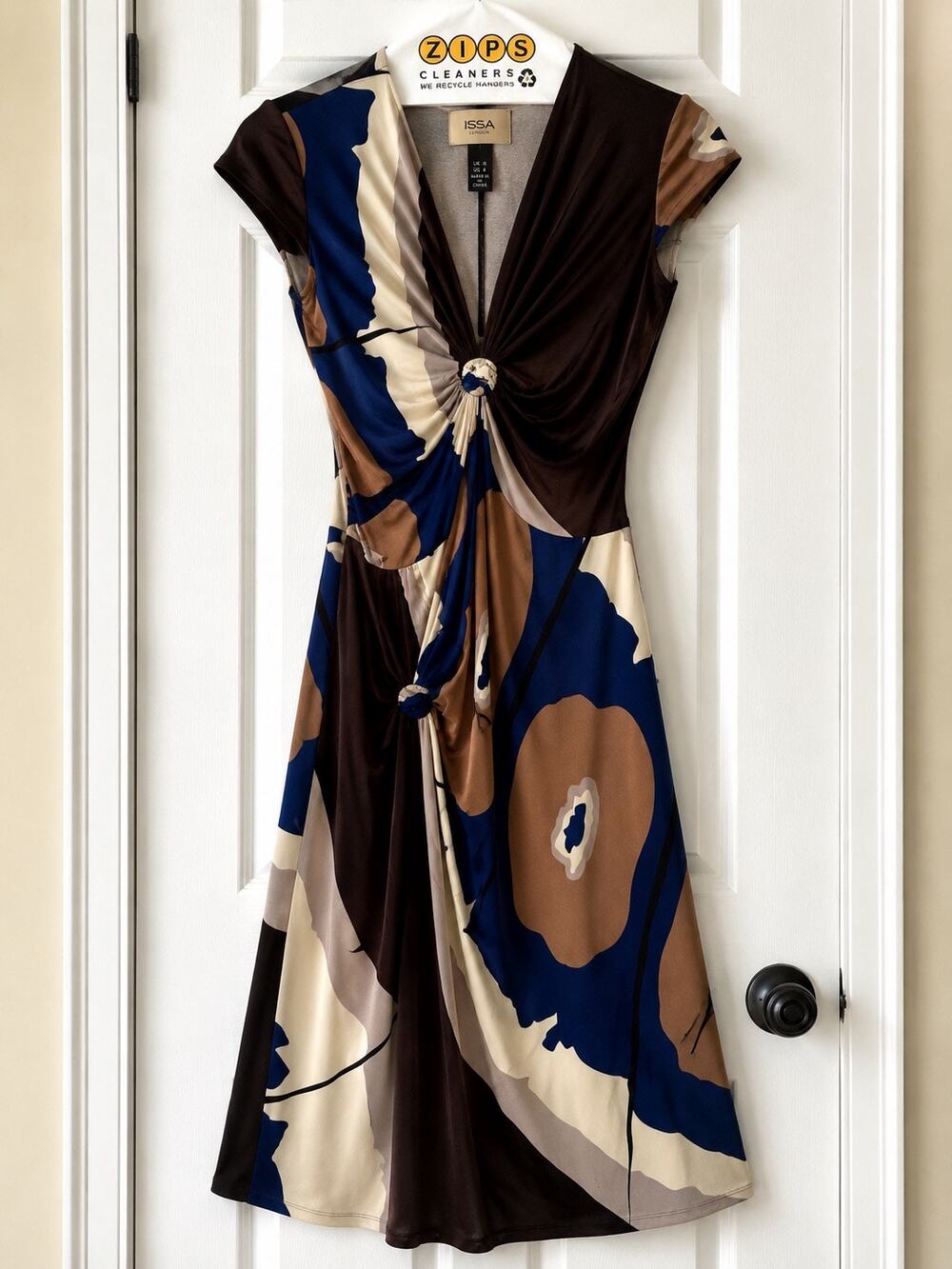 Issa London Silk Dress US 4 UK 8 Abstract Print Knot Front Cap Sleeve EUC